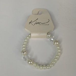 Kim Rogers White Beaded Bracelet Faux Pearl Rhinestones Faceted Beads Elastic